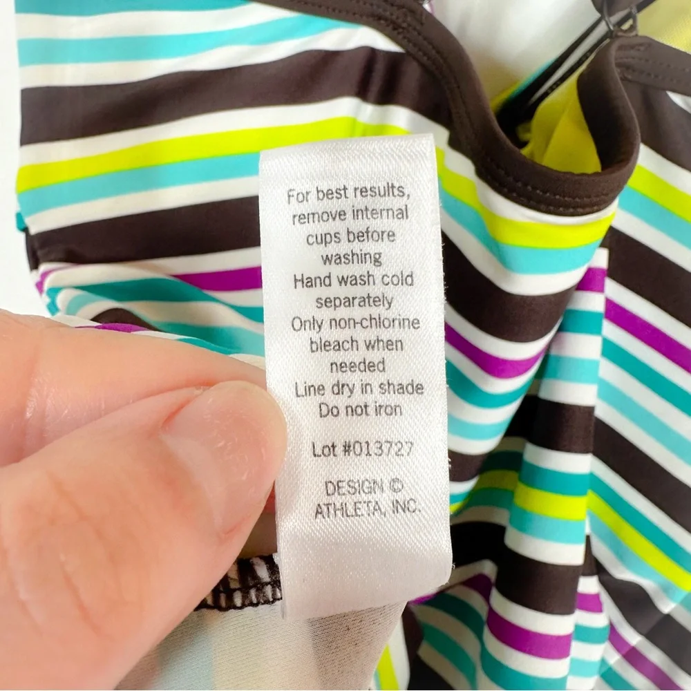 Athleta Womens Striped Swim Top Criss Cross Straps Green Brown Blue 34D/32DD